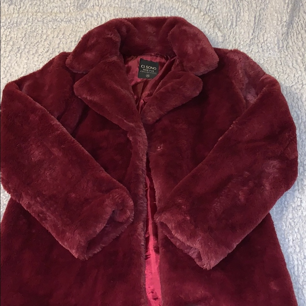 Burgundy faux fur coat